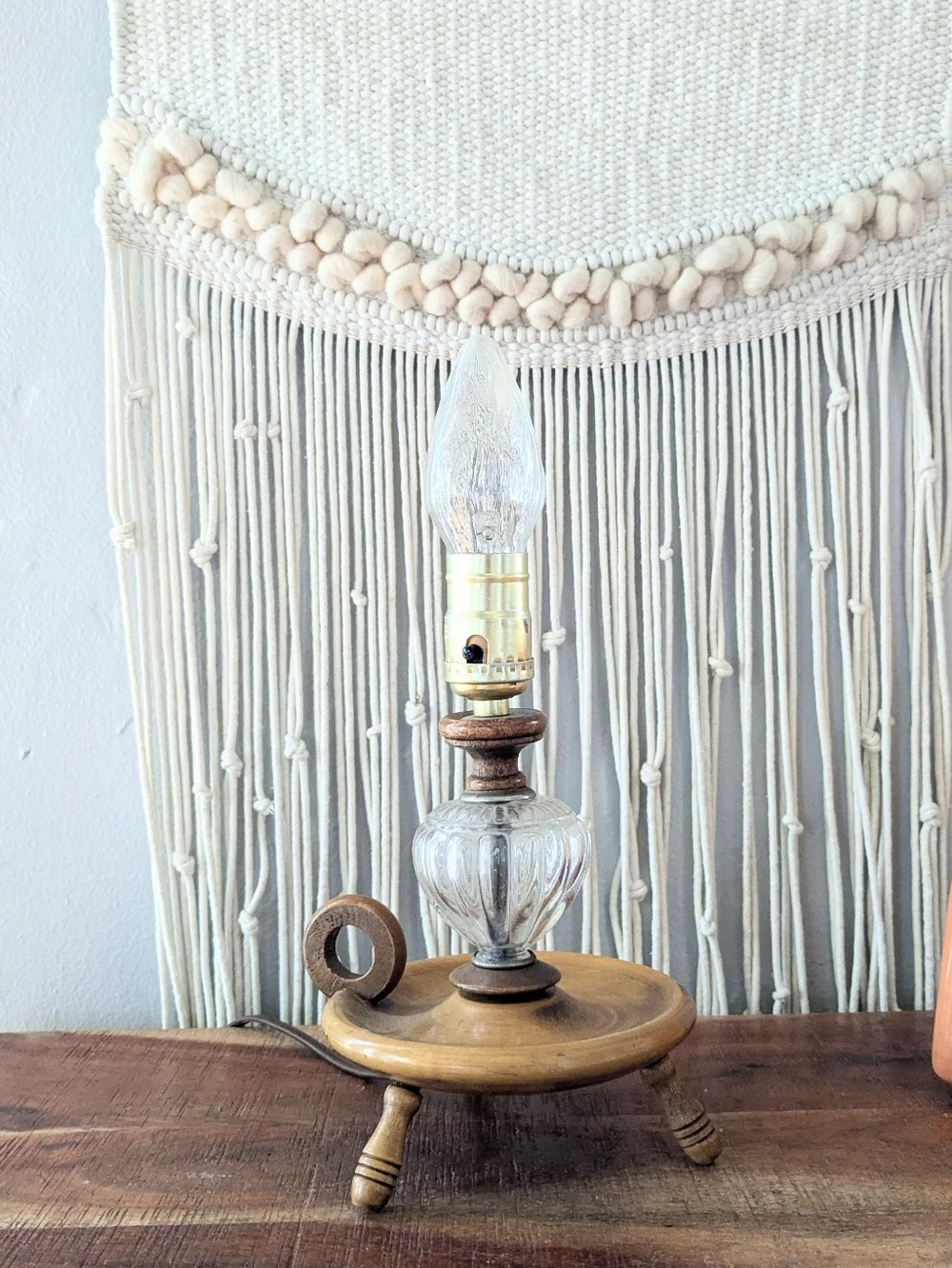 Vintage Mid-Century Footed Wood & Glass Finger Lamp Rustic Cottagecore Farmhouse
